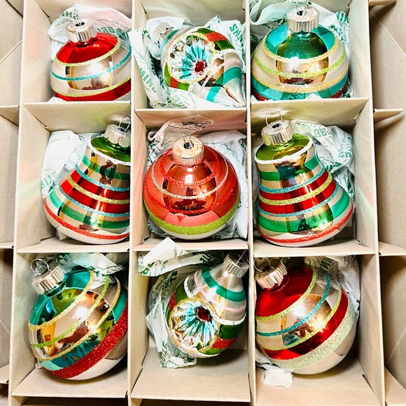 9 Radko Christmas Reflector Teardrop Bell Ball Glass Ornaments Glitter Stripes - Picture 5 of 13